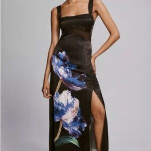 Anthropologie Black Satin Floral Sleeveless Maxi Dress